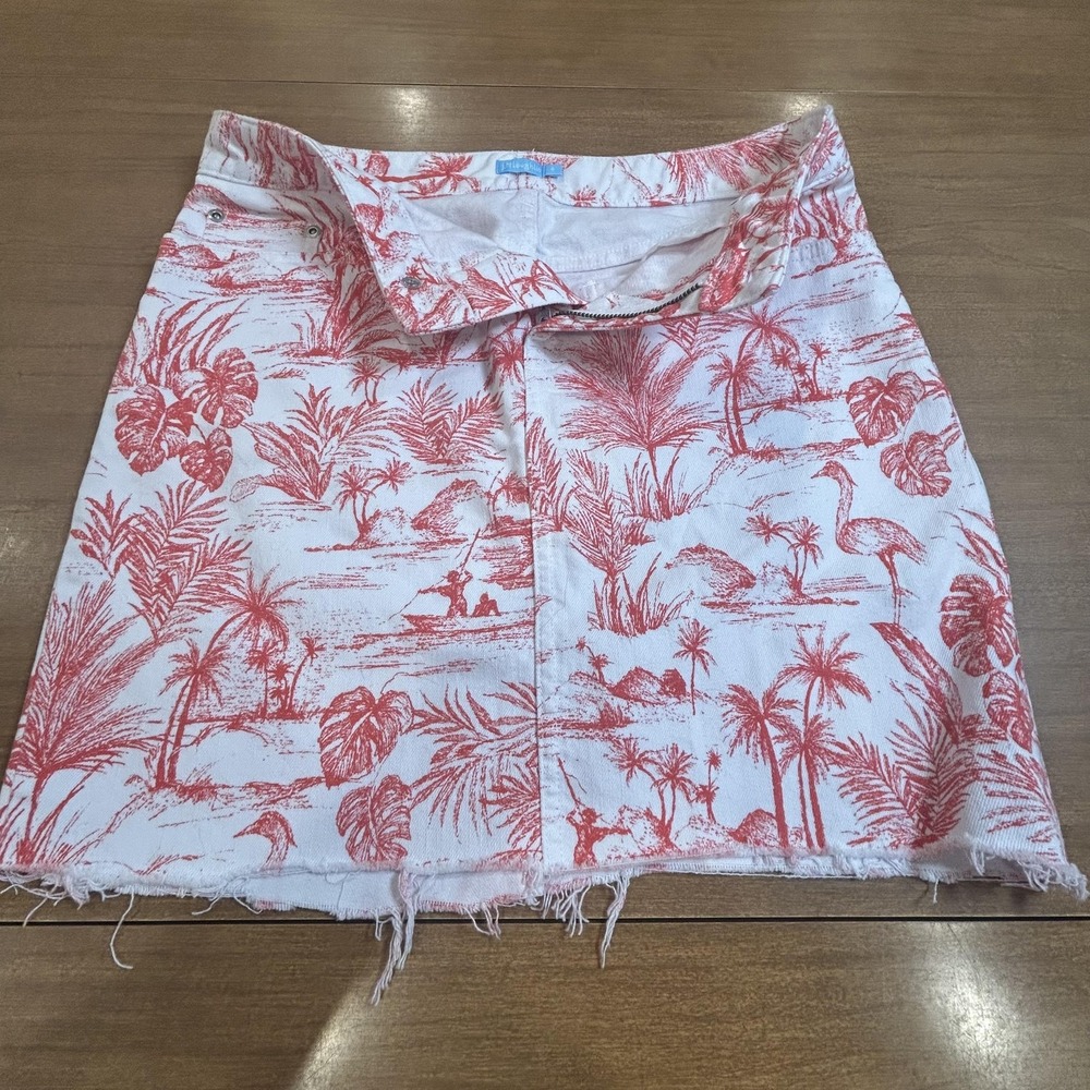 J. McLaughlin Skirt Womens 4 White‎ Red Tropical Denim Frayed Hem Mini Beach